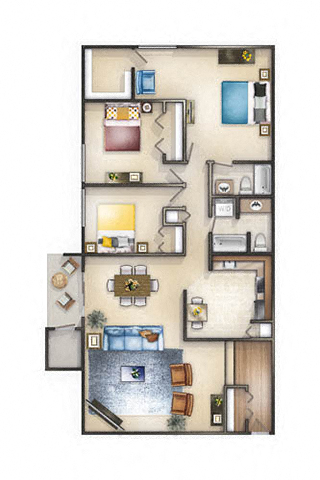 Floor plan for 3 beds, 2 baths, 1230 sqft